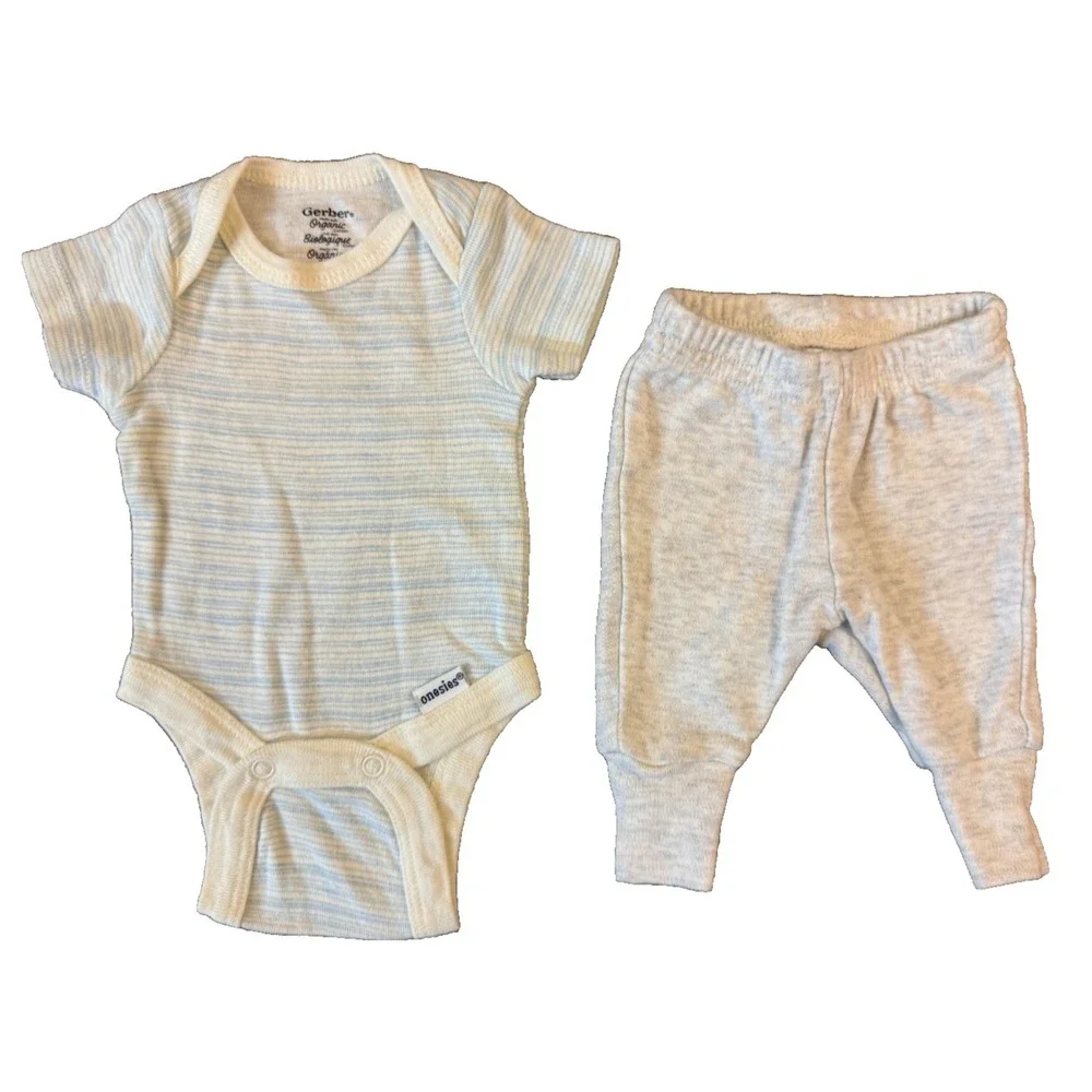 Baby Boy Outfit‎ Shirt Pants Preemie Bodysuit Striped Reborn Doll 2 PC Lot Beige